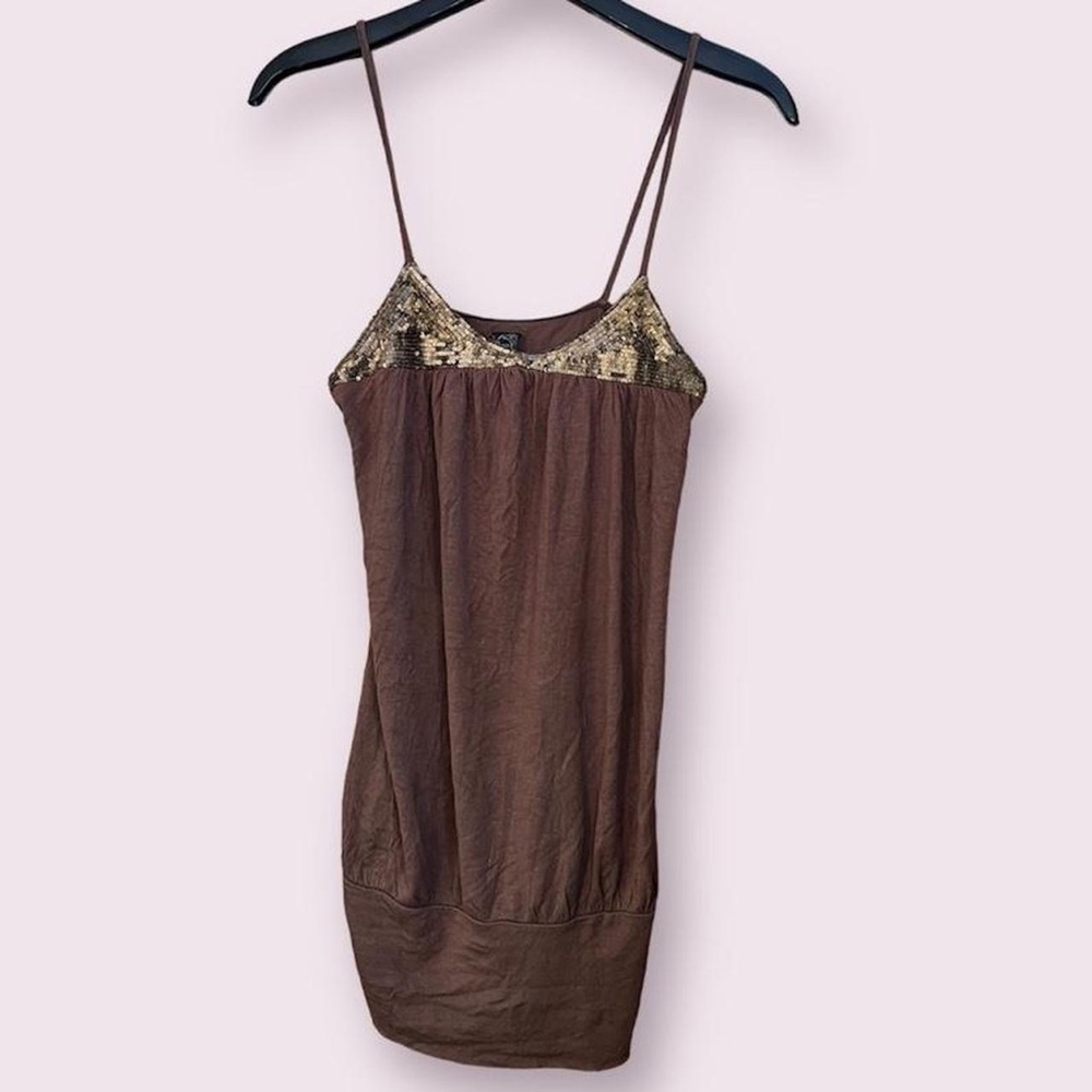 y2k aesthetic brown tank top with gold sequins